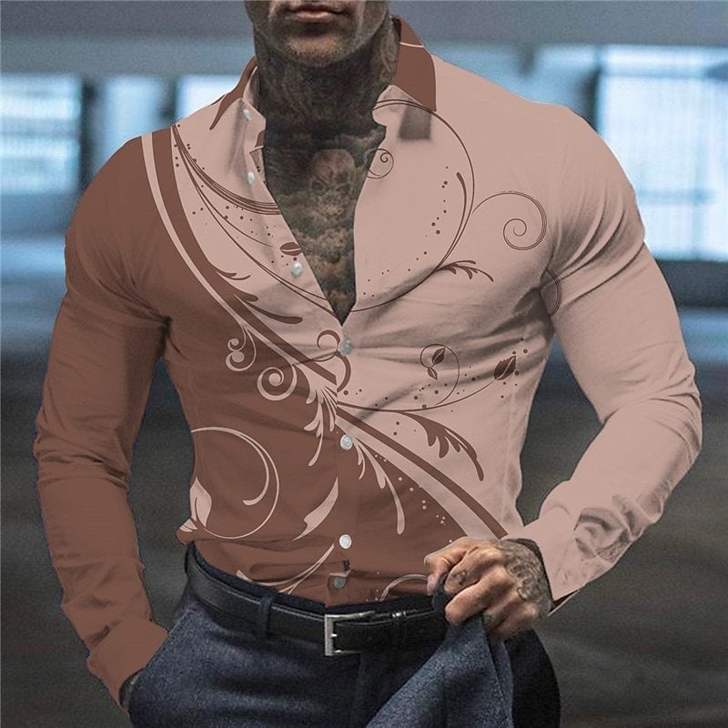 Vyriniai marškiniai su ilgu rankovėmis, 3D spauda, apykaklė su lapeliu, laisvas kirpimas, 90% poliesteris