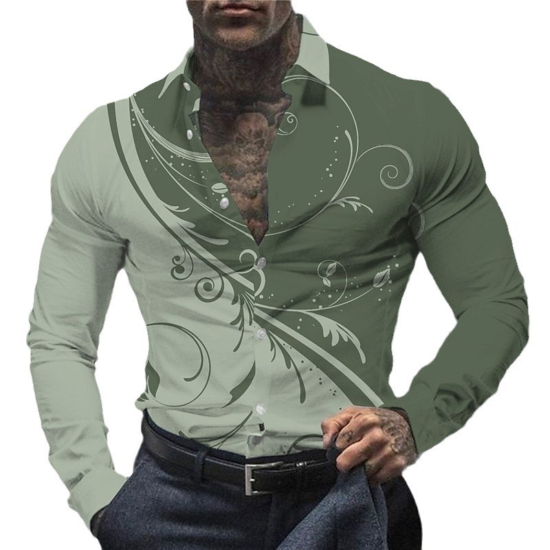 Vyriniai marškiniai su ilgu rankovėmis, 3D spauda, apykaklė su lapeliu, laisvas kirpimas, 90% poliesteris