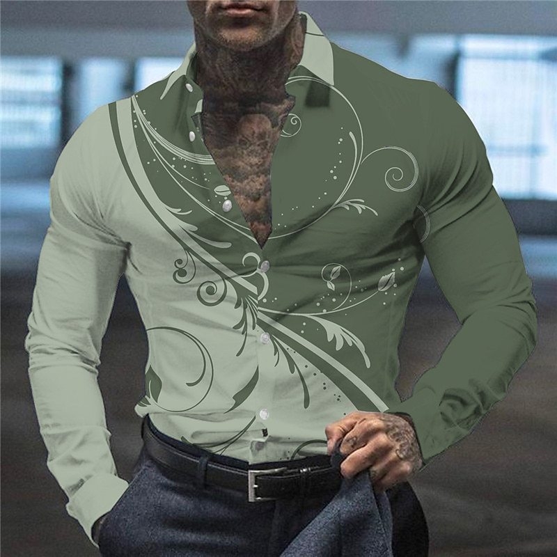 Vyriniai marškiniai su ilgu rankovėmis, 3D spauda, apykaklė su lapeliu, laisvas kirpimas, 90% poliesteris