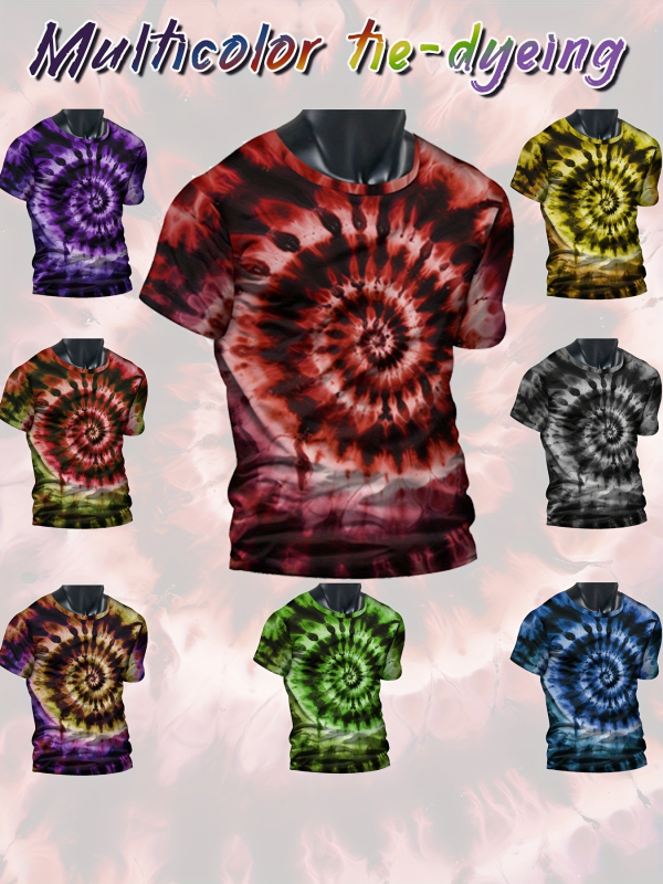 Tricou bărbătesc cu guler rotund, mâneci scurte, imprimeu Rainbow Swirl 3D digital, poliester, croială lejeră, vară, elimină umezeala
