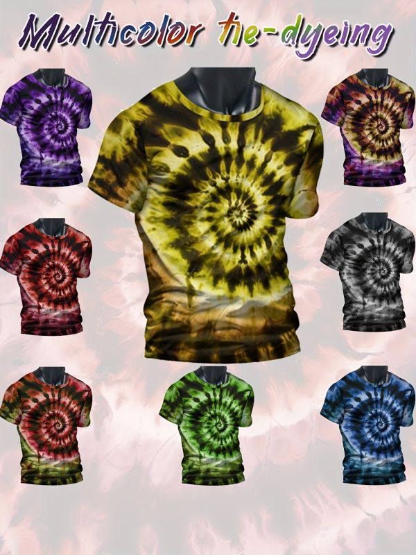 Tricou bărbătesc cu guler rotund, mâneci scurte, imprimeu Rainbow Swirl 3D digital, poliester, croială lejeră, vară, elimină umezeala
