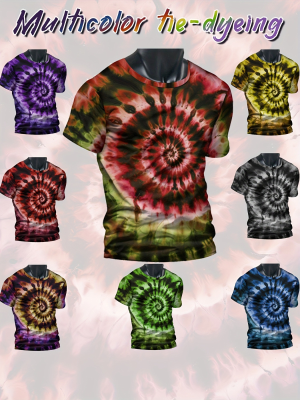 Tricou bărbătesc cu guler rotund, mâneci scurte, imprimeu Rainbow Swirl 3D digital, poliester, croială lejeră, vară, elimină umezeala