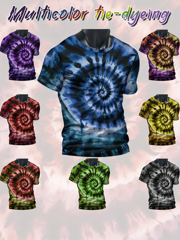 Tricou bărbătesc cu guler rotund, mâneci scurte, imprimeu Rainbow Swirl 3D digital, poliester, croială lejeră, vară, elimină umezeala