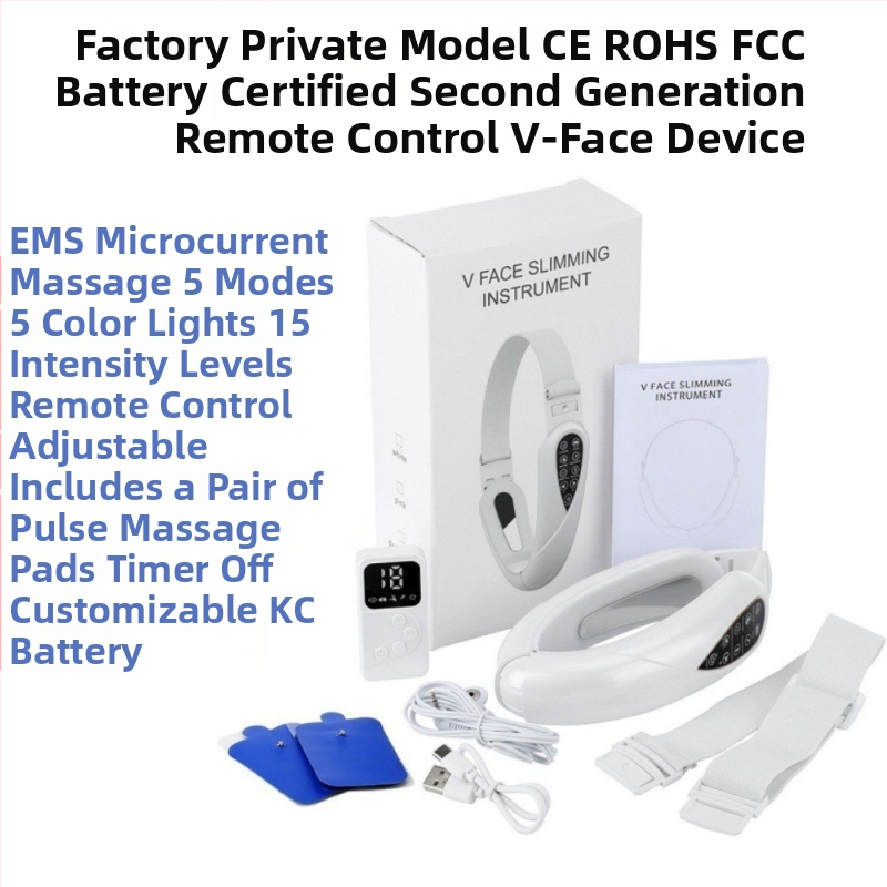 EMS mikro strāvas sejas masāžas ierīce ar attālināto kontroli, paredzēta pacelt un veidot V formas seju; funkcijas: negatīvie joni, infrasarkanais stars un krāsains gaisma; iebūvēts 300–500 mAh akumulators; IPX4 ūdensizturība.
