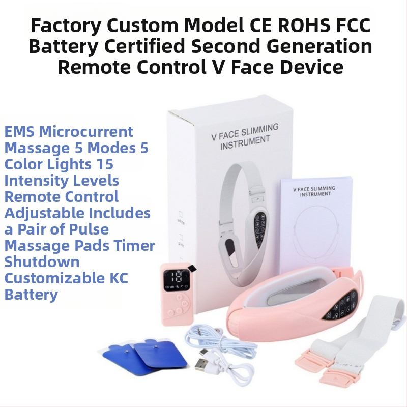EMS mikro strāvas sejas masāžas ierīce ar attālināto kontroli, paredzēta pacelt un veidot V formas seju; funkcijas: negatīvie joni, infrasarkanais stars un krāsains gaisma; iebūvēts 300–500 mAh akumulators; IPX4 ūdensizturība.