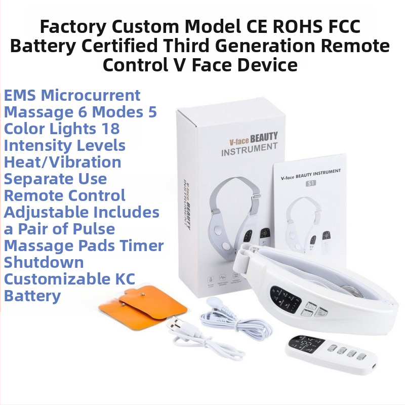EMS mikro strāvas sejas masāžas ierīce ar attālināto kontroli, paredzēta pacelt un veidot V formas seju; funkcijas: negatīvie joni, infrasarkanais stars un krāsains gaisma; iebūvēts 300–500 mAh akumulators; IPX4 ūdensizturība.