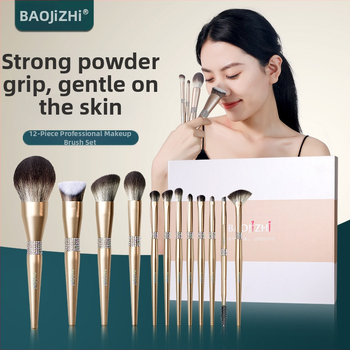 Σετ 12 πινέλων μακιγιάζ με συνθετικές τρίχες, ξύλινες λαβές, μακριές λαβές, σε κουτί