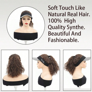 Rabbit Wei Beauty AT152 Kepurės-parūka su įmontuotu saulės skydeliu, natūralus stilius, aukštos temperatūros pluoštai, vidutinio ilgio iki ilgo, moterims, be perm ar dažymo