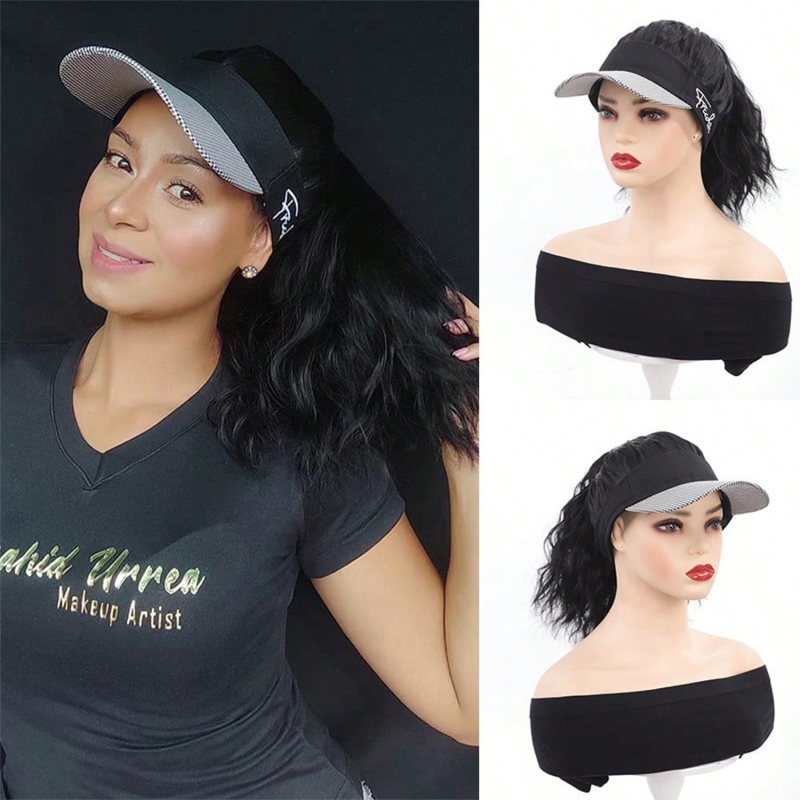 Rabbit Wei Beauty AT152 Kepurės-parūka su įmontuotu saulės skydeliu, natūralus stilius, aukštos temperatūros pluoštai, vidutinio ilgio iki ilgo, moterims, be perm ar dažymo