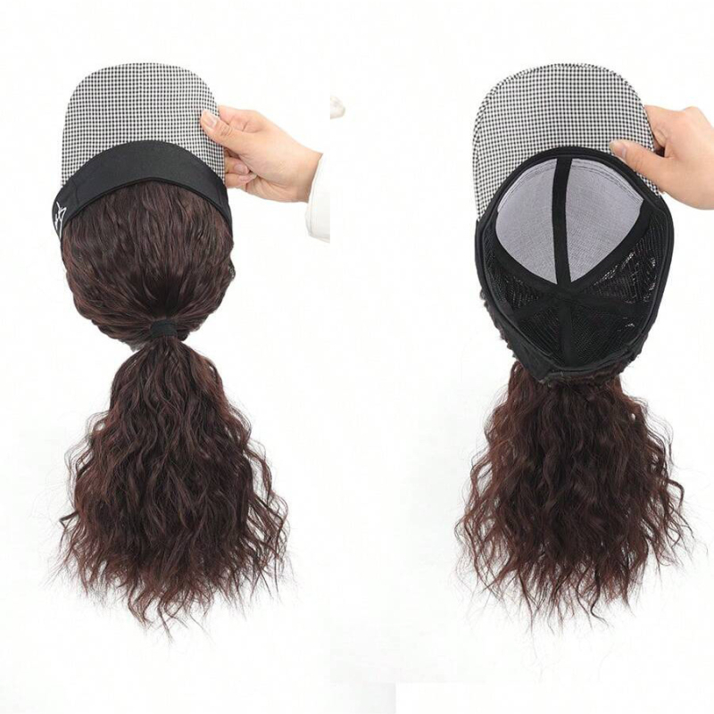 Rabbit Wei Beauty AT152 Kepurės-parūka su įmontuotu saulės skydeliu, natūralus stilius, aukštos temperatūros pluoštai, vidutinio ilgio iki ilgo, moterims, be perm ar dažymo