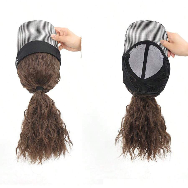 Rabbit Wei Beauty AT152 Kepurės-parūka su įmontuotu saulės skydeliu, natūralus stilius, aukštos temperatūros pluoštai, vidutinio ilgio iki ilgo, moterims, be perm ar dažymo