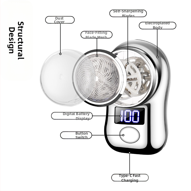 Ανδρικό ηλεκτρικό ξυράφι, συμπαγές και κατάλληλο για ταξίδια, περιστρεφόμενη κεφαλή με τρία λεπίδια, φόρτιση Type-C, έξυπνη ψηφιακή οθόνη, κεφαλή που αφαιρείται και πλένεται