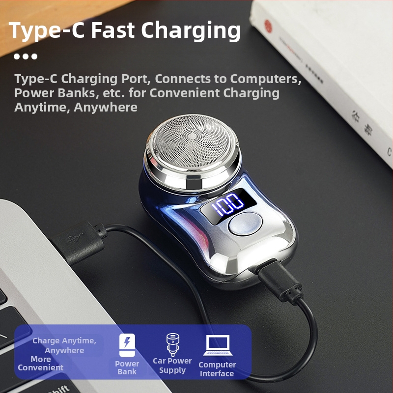 Ανδρικό ηλεκτρικό ξυράφι, συμπαγές και κατάλληλο για ταξίδια, περιστρεφόμενη κεφαλή με τρία λεπίδια, φόρτιση Type-C, έξυπνη ψηφιακή οθόνη, κεφαλή που αφαιρείται και πλένεται