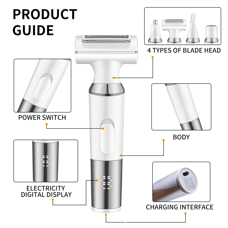 Ηλεκτρικός αποτριχωτής σώματος με LCD οθόνη, USB τροφοδοσία, 4‑σε‑1, μοντέλο RF‑701, στεγνή χρήση, για όλο το σώμα