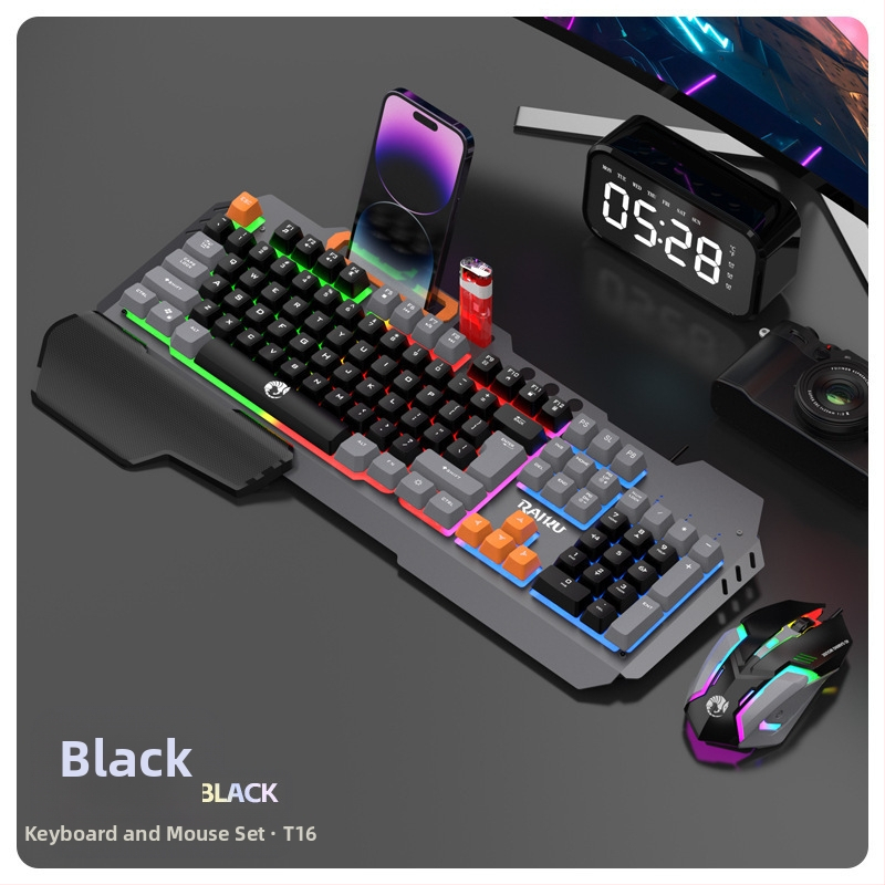 RAIKU T16 Метален комплект клавиатура и мишка за игри, жично USB свързване, 1000dpi