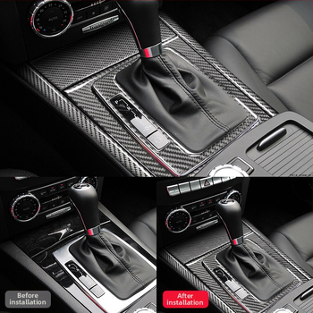 Διακοσμητικό αυτοκόλλητο πλαισίου κεντρικής κονσόλας από ανθρακονήματα για Mercedes-Benz C-Class (07–14) και E-Class W212 · με κόλλα σταγόνων κρυστάλλων · με εκτυπωμένο λογότυπο · προσαρμογή κατά παραγγελία