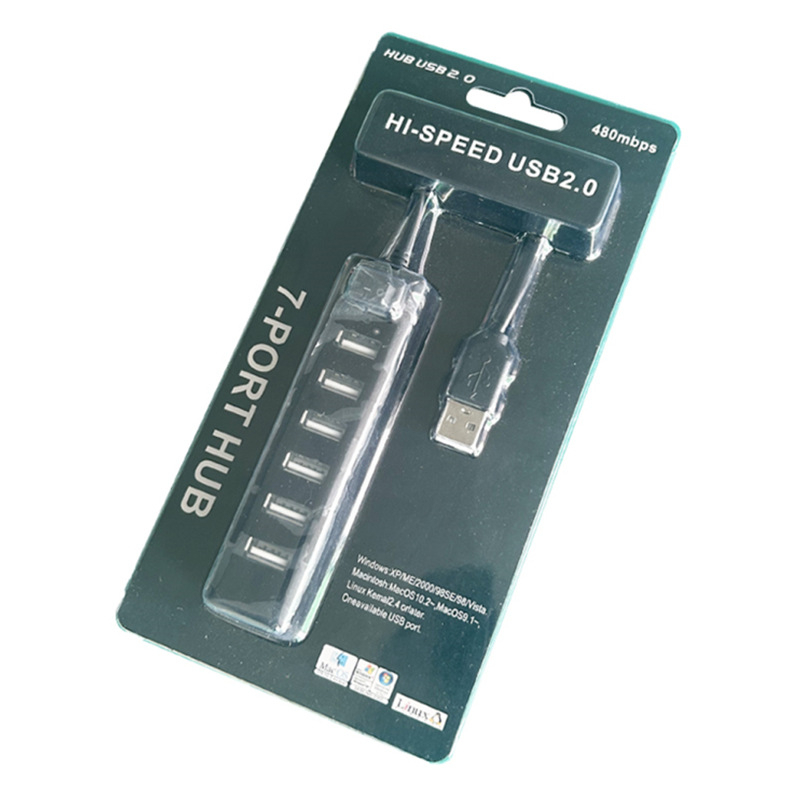 7-portų USB 2.0 hubas su pagrindiniu jungikliu, 60 cm kabelis, be išorinio maitinimo, LED indikatoriai