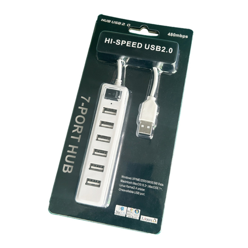 7-portų USB 2.0 hubas su pagrindiniu jungikliu, 60 cm kabelis, be išorinio maitinimo, LED indikatoriai