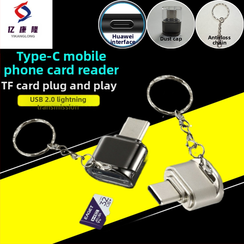 Type-C TF kortų skaitytuvas mobiliesiems – cinko lydinys, USB 2.0, plug‑and‑play, palaiko TF atminties kortes
