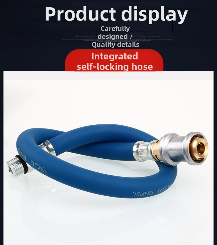 Автомобилен щуцер за клапан на гума със самозаключваща се дюза, надуваща тръба, манометър за налягането на гумата и удълнител за въздух