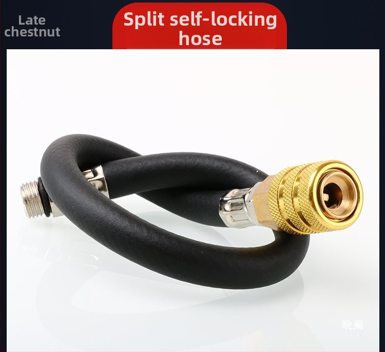 Автомобилен щуцер за клапан на гума със самозаключваща се дюза, надуваща тръба, манометър за налягането на гумата и удълнител за въздух