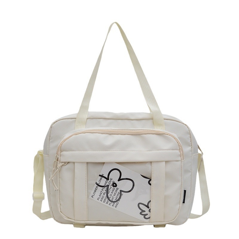 Geantă de umăr din nylon, stil urban minimalist, formă orizontală pătrată, fermoar, buzunar pentru card de identitate