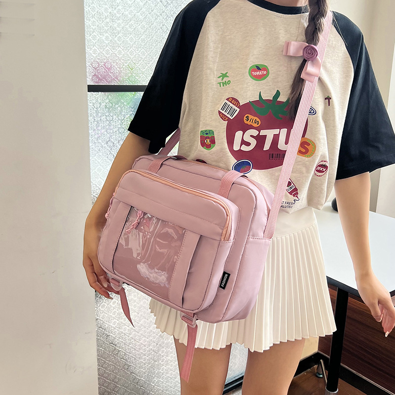 Geantă de umăr din nylon, stil urban minimalist, formă orizontală pătrată, fermoar, buzunar pentru card de identitate