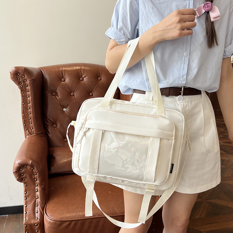 Geantă de umăr din nylon, stil urban minimalist, formă orizontală pătrată, fermoar, buzunar pentru card de identitate