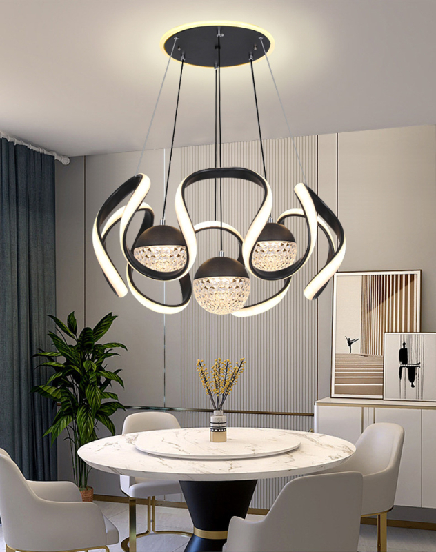 LED κρεμαστό φως τραπεζαρίας, μοντέρνος μινιμαλιστικός nordic στυλ, σιδερένιο κρεμαστό, LED πηγή, ακρυλικό σώμα, πολλαπλών κεφαλών