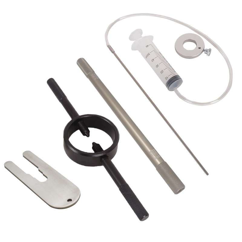 Elülső villaolaj-injektáló 3 részes szerszámkészlet motorkerékpárhoz: tartalmazza a villa rugó nyomó és deflációs eszközt; anyag: műanyag+fém