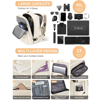Kelioninė kuprinė unisex, išsiplečianti 20–35L, tinka 10 colių nešiojamam kompiuteriui, kvėpuojančios peties juostos su oro pagalvėlėmis, poliesteris