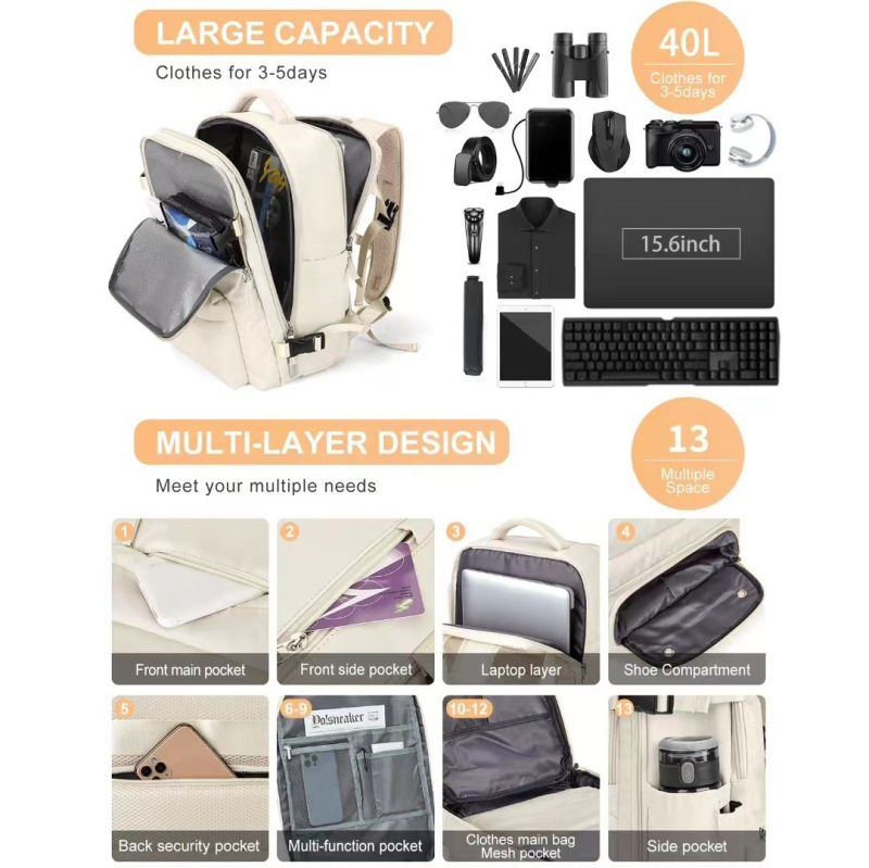 Ceļojumu mugursoma unisex, paplašināma 20–35L, piemērota 10 collu klēpjdatoram, elpojošas siksnas ar gaisa spilveniem, poliesters