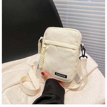 Τσάντα κινητού από καμβά με ιμάντα για τον ώμο — μικρή τετράγωνη, φερμουάρ, επένδυση πολυεστέρα, εσωτερικό τσεπάκι