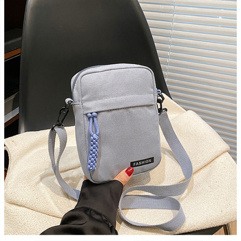 Τσάντα κινητού από καμβά με ιμάντα για τον ώμο — μικρή τετράγωνη, φερμουάρ, επένδυση πολυεστέρα, εσωτερικό τσεπάκι