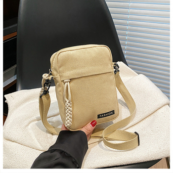 Τσάντα κινητού από καμβά με ιμάντα για τον ώμο — μικρή τετράγωνη, φερμουάρ, επένδυση πολυεστέρα, εσωτερικό τσεπάκι