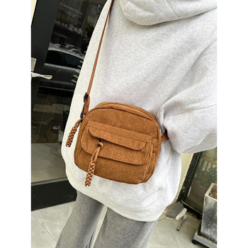Γυναικεία τσάντα Corduroy, bucket bag, με φερμουάρ, επένδυση πολυεστέρα, θήκη για κινητό