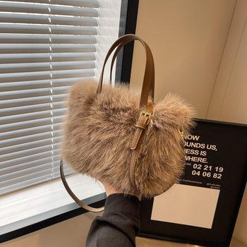 Geantă tote cu blană de vulpe artificială, crossbody, stil urban minimalist, formă orizontală pătrată, fermoar, buzunar intern pentru telefon