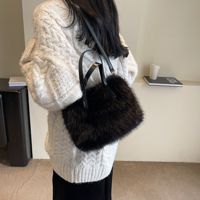 Geantă tote cu blană de vulpe artificială, crossbody, stil urban minimalist, formă orizontală pătrată, fermoar, buzunar intern pentru telefon