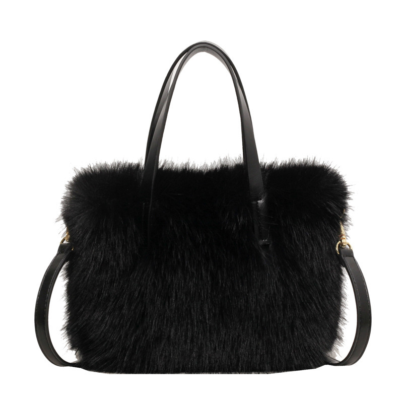 Geantă tote cu blană de vulpe artificială, crossbody, stil urban minimalist, formă orizontală pătrată, fermoar, buzunar intern pentru telefon