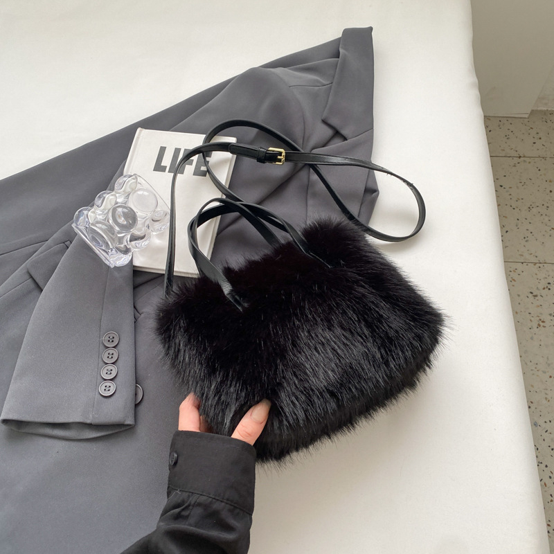 Geantă tote cu blană de vulpe artificială, crossbody, stil urban minimalist, formă orizontală pătrată, fermoar, buzunar intern pentru telefon