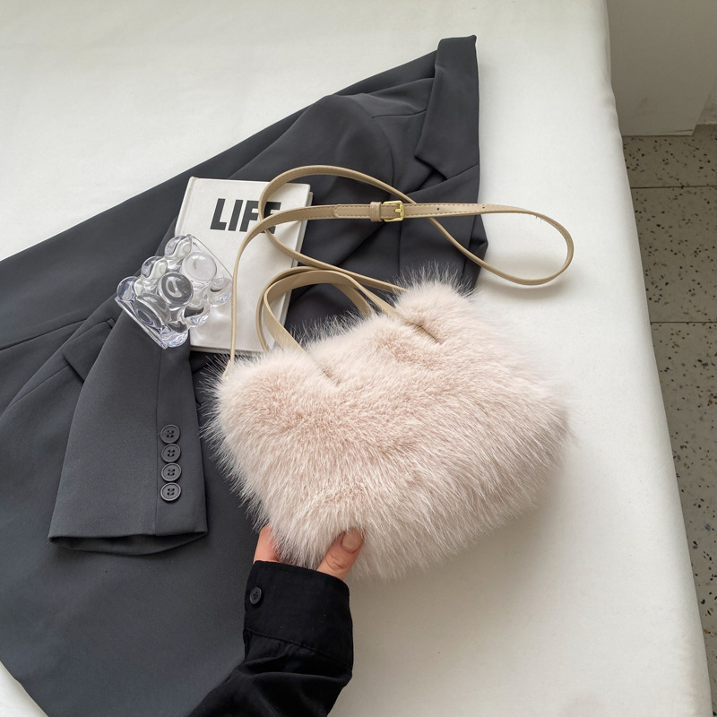 Geantă tote cu blană de vulpe artificială, crossbody, stil urban minimalist, formă orizontală pătrată, fermoar, buzunar intern pentru telefon