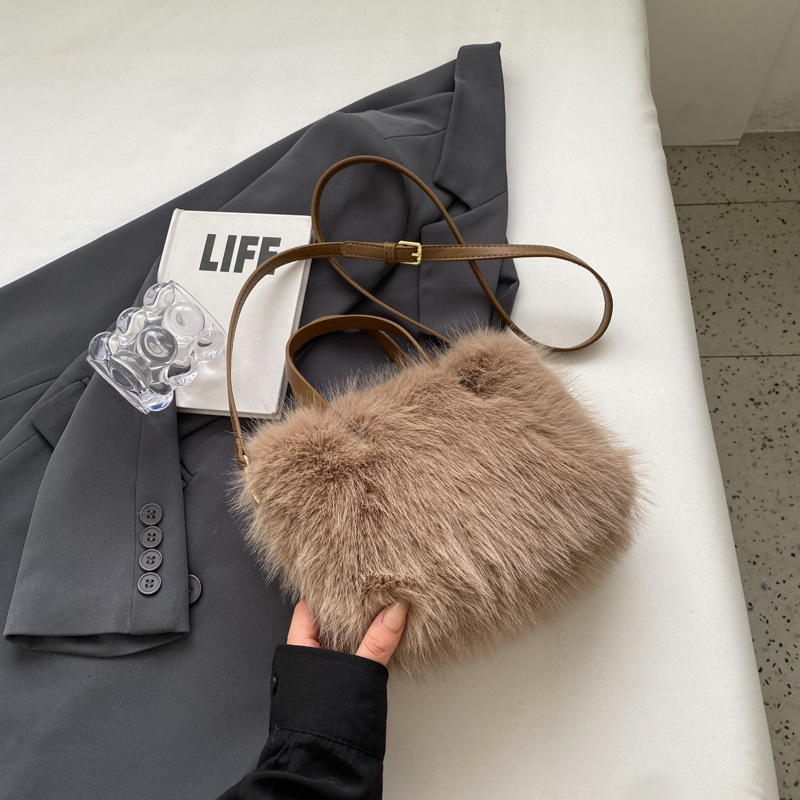 Geantă tote cu blană de vulpe artificială, crossbody, stil urban minimalist, formă orizontală pătrată, fermoar, buzunar intern pentru telefon