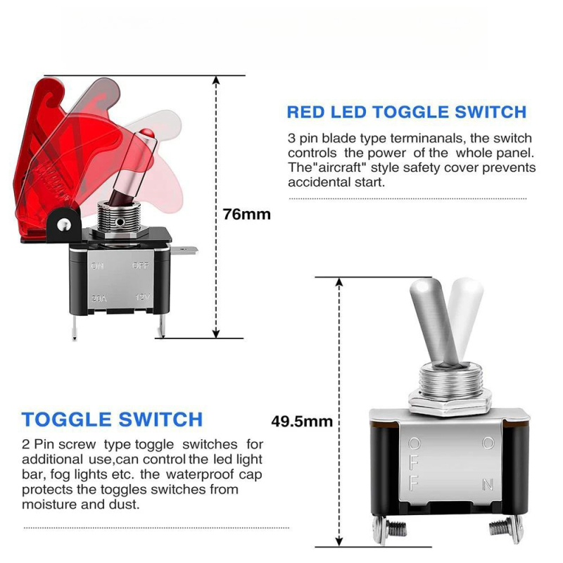 Панел за запалване със 2-в-1 рокер превключвател и реле, окабеляване, 20A, ≤50 мΩ контактно съпротивление, ≥100 MΩ изолационно съпротивление, 200000 цикли, CE сертифиран, за автомобили и RV
