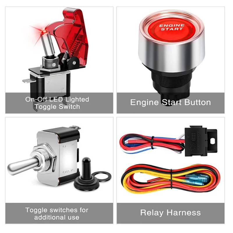 Панел за запалване със 2-в-1 рокер превключвател и реле, окабеляване, 20A, ≤50 мΩ контактно съпротивление, ≥100 MΩ изолационно съпротивление, 200000 цикли, CE сертифиран, за автомобили и RV
