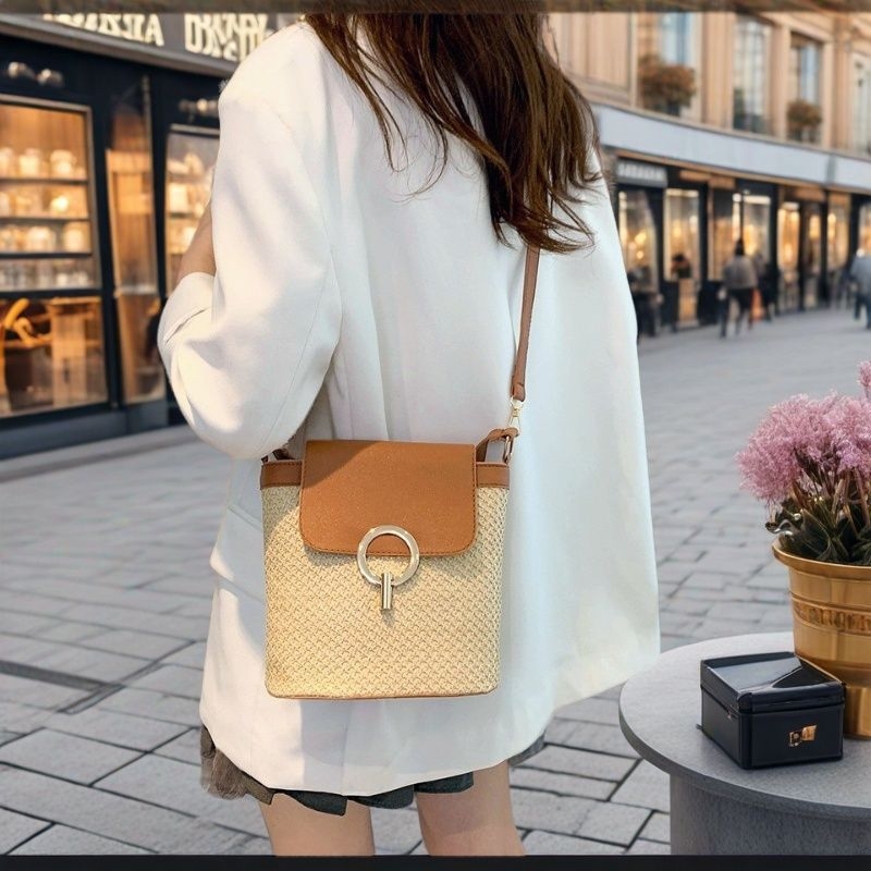 Ženska PU bucket torbica s poklopcem, gradski stil, vertikalni kvadratni oblik, zatvarač, poliester podstava