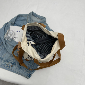 Τσάντα Tote από καμβά, στυλ δρόμου, κλείσιμο με φερμουάρ, οριζόντιο τετράγωνο σχήμα, επένδυση πολυεστέρα