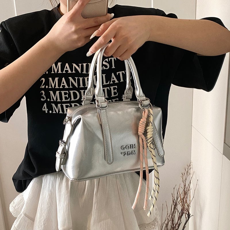 Moterų rankinė per petį Boston stiliaus | miesto paprastumas, PU medžiaga, horizontali kvadrato forma, užtrauktuko atverimas, vidinė kišenė su užtrauktuku