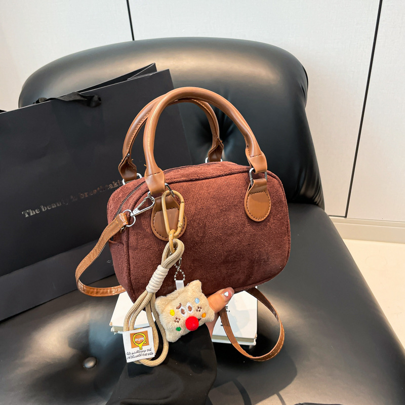 Korejskog stila vunena crossbody torba, jastučastog oblika, Boston torba s zatvaračem, unutarnji džepovi za telefon i osobnu iskaznicu