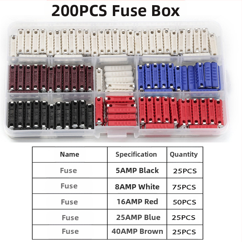 Automobilių vamzdiniai saugikliai, 200 vnt. rinkinys, 5A-40A, Xinrong Technology, skirtas automobilių elektronikai
