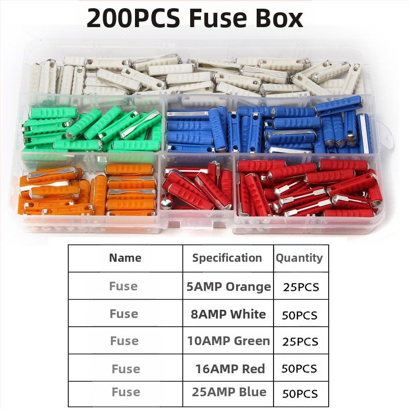 Automobilių vamzdiniai saugikliai, 200 vnt. rinkinys, 5A-40A, Xinrong Technology, skirtas automobilių elektronikai